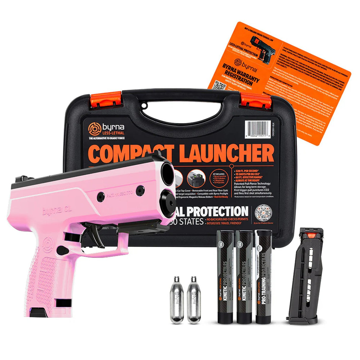 Byrna CL pink self-defense launcher california legal bundle image with kinetic projectiles, CO2 cartridges, and one magazine clip