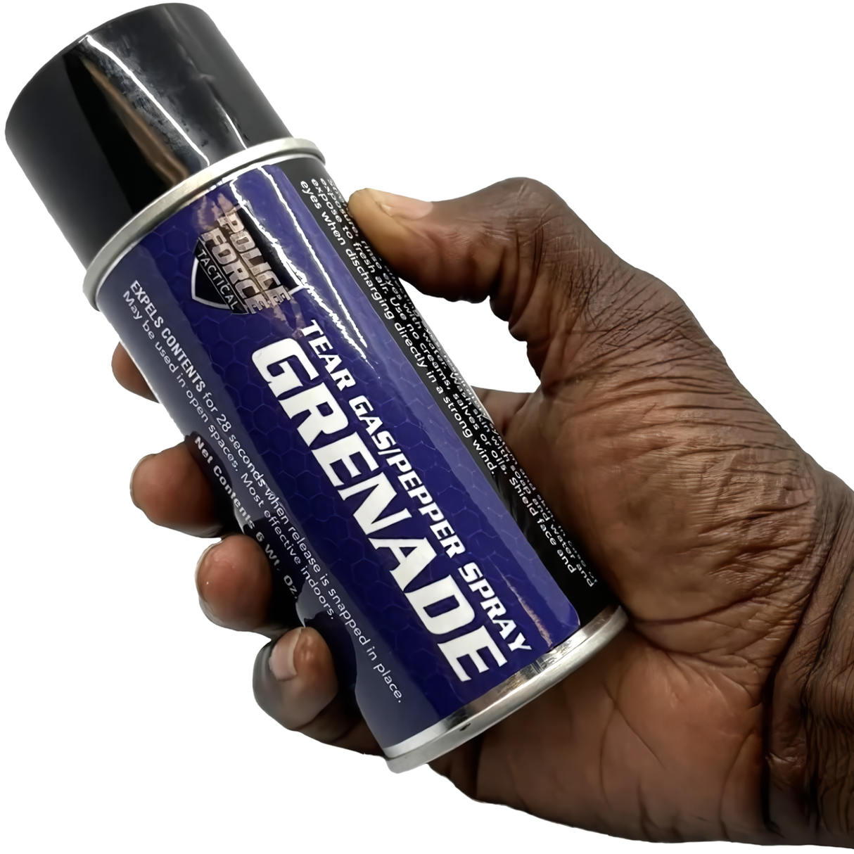 A hand holding a 6 oz. Police Force Tactical Tear Gas Pepper Spray Fog Throwing Grenade