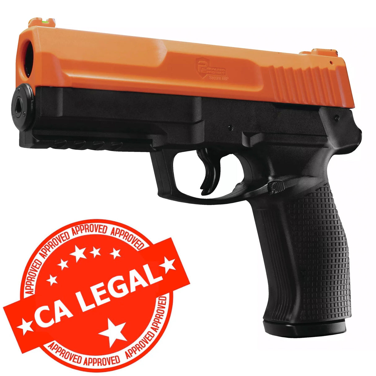 Orange and black umarex prepared2protect pepper gun with california legal stamp in the corner