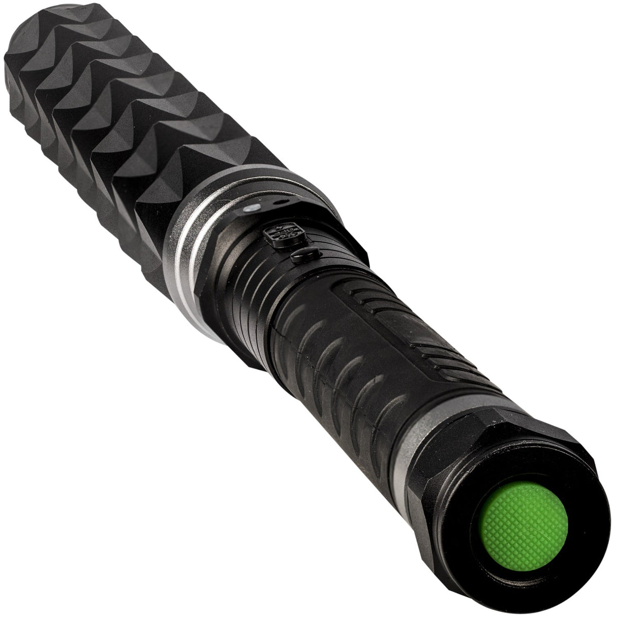 Close-up of the handle and controls of Safety Tech Bouncer stun gun baton showing the bright green end button