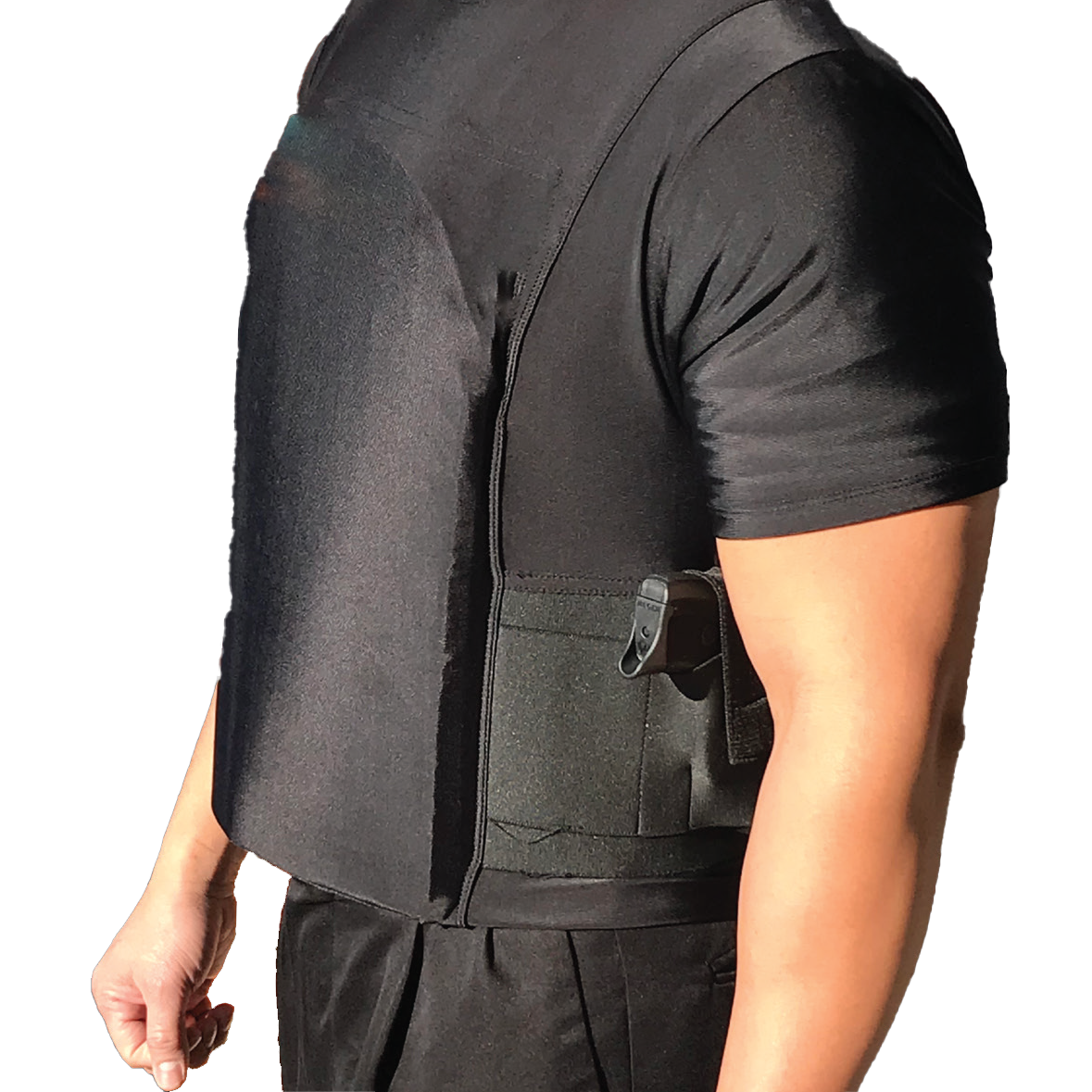 Man wearing Streetwise Safe-T-Shirt Ballistic Plate Carrier w/ Holster in side view