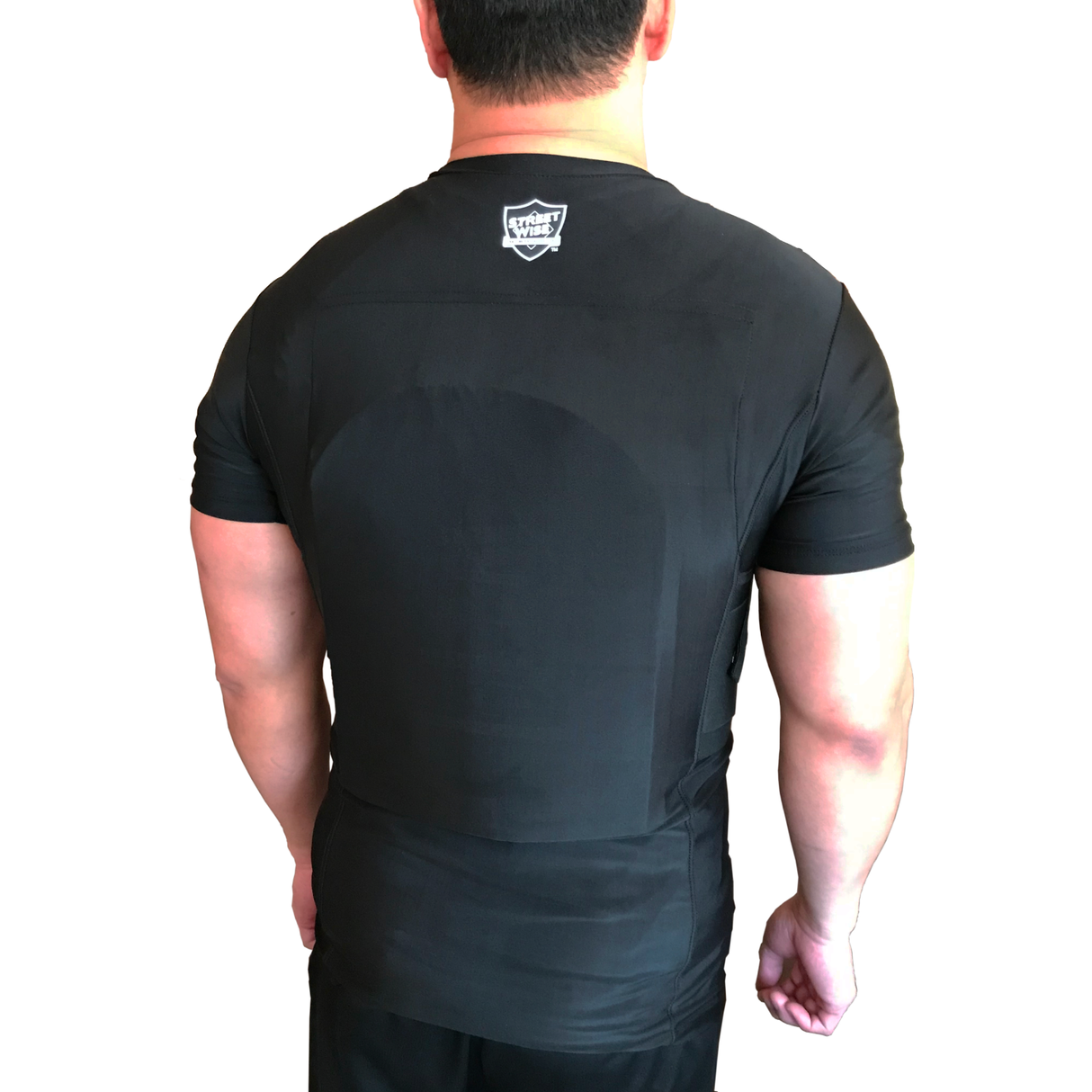 Man wearing a Streetwise Black Tactical Safe-T-Shirt back view