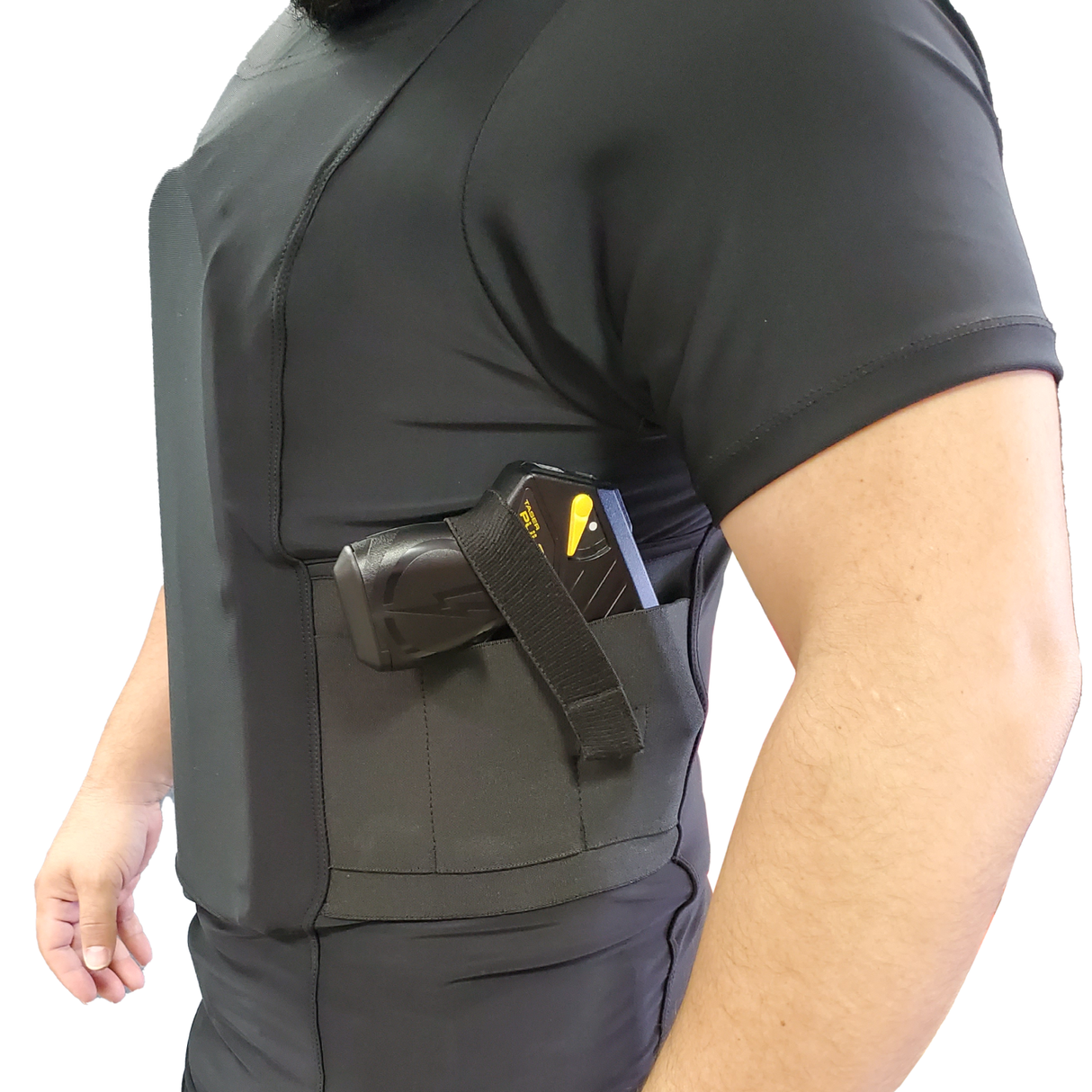 Man wearing Streetwise Safe-T-Shirt Ballistic Plate Carrier w/ Holster in side view