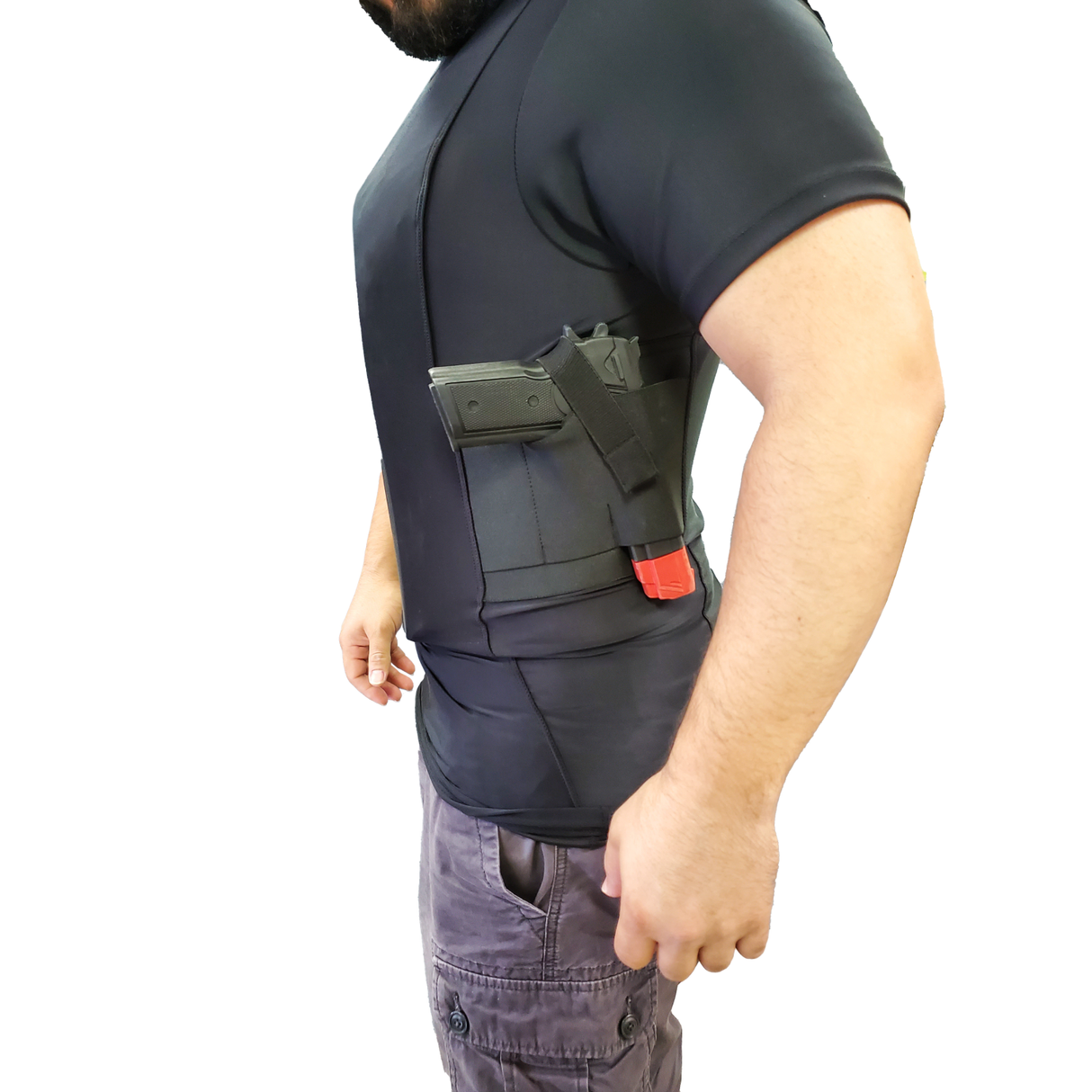 Man wearing Streetwise Safe-T-Shirt Ballistic Plate Carrier w/ Holster in side view