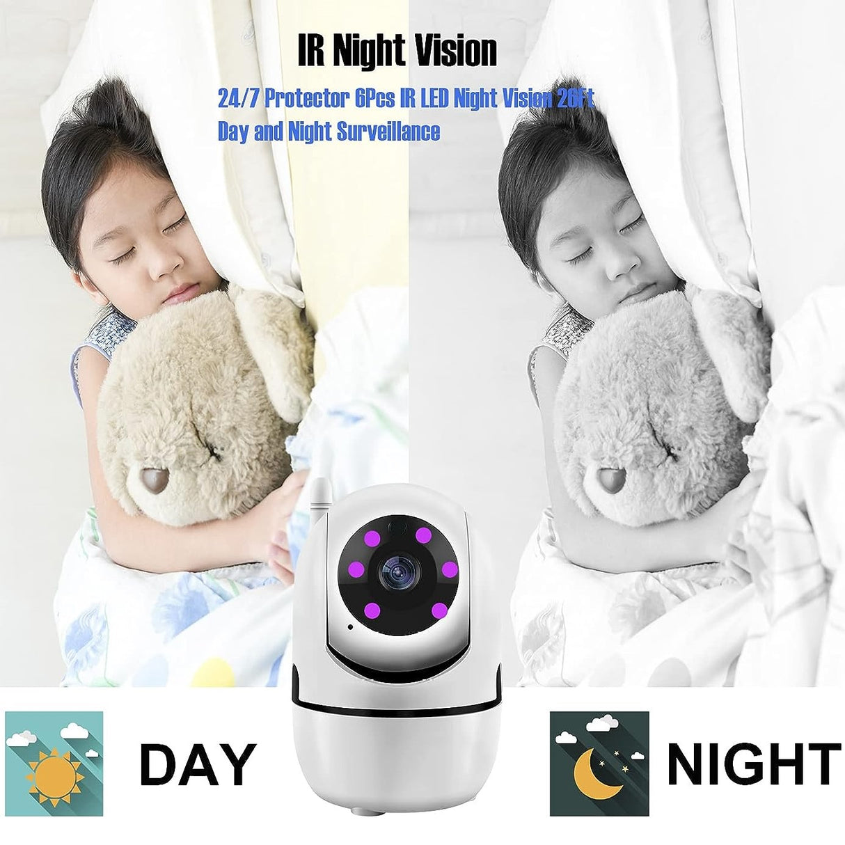 Split image graphic demonstrating SpyWfi Nanny Security Camera 1080p HD WiFi's day and night vision