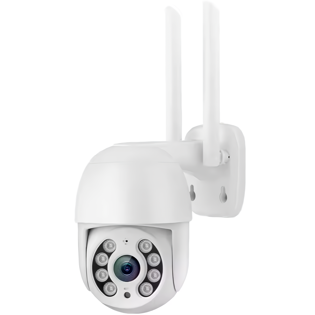 A white SpyWfi Wall Security Camera 1080p night vision and auto tracking, with two antennas