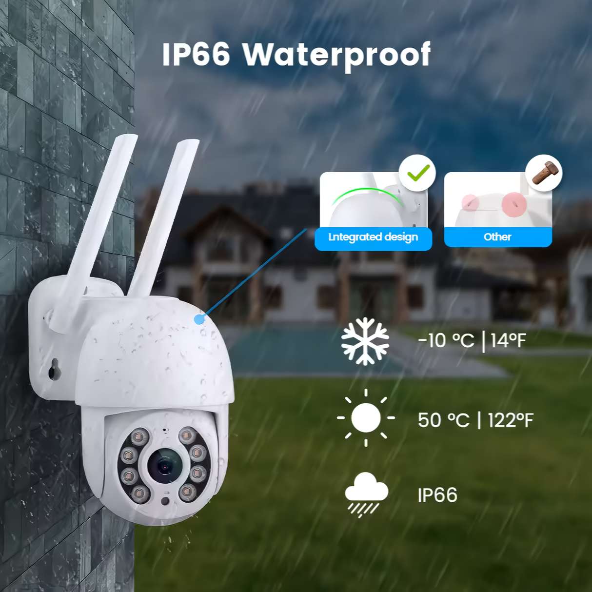Grahpic showing SpyWfi Wall Security Camera 1080p installed to an outdoor wall while raining to highlight its waterproof feature