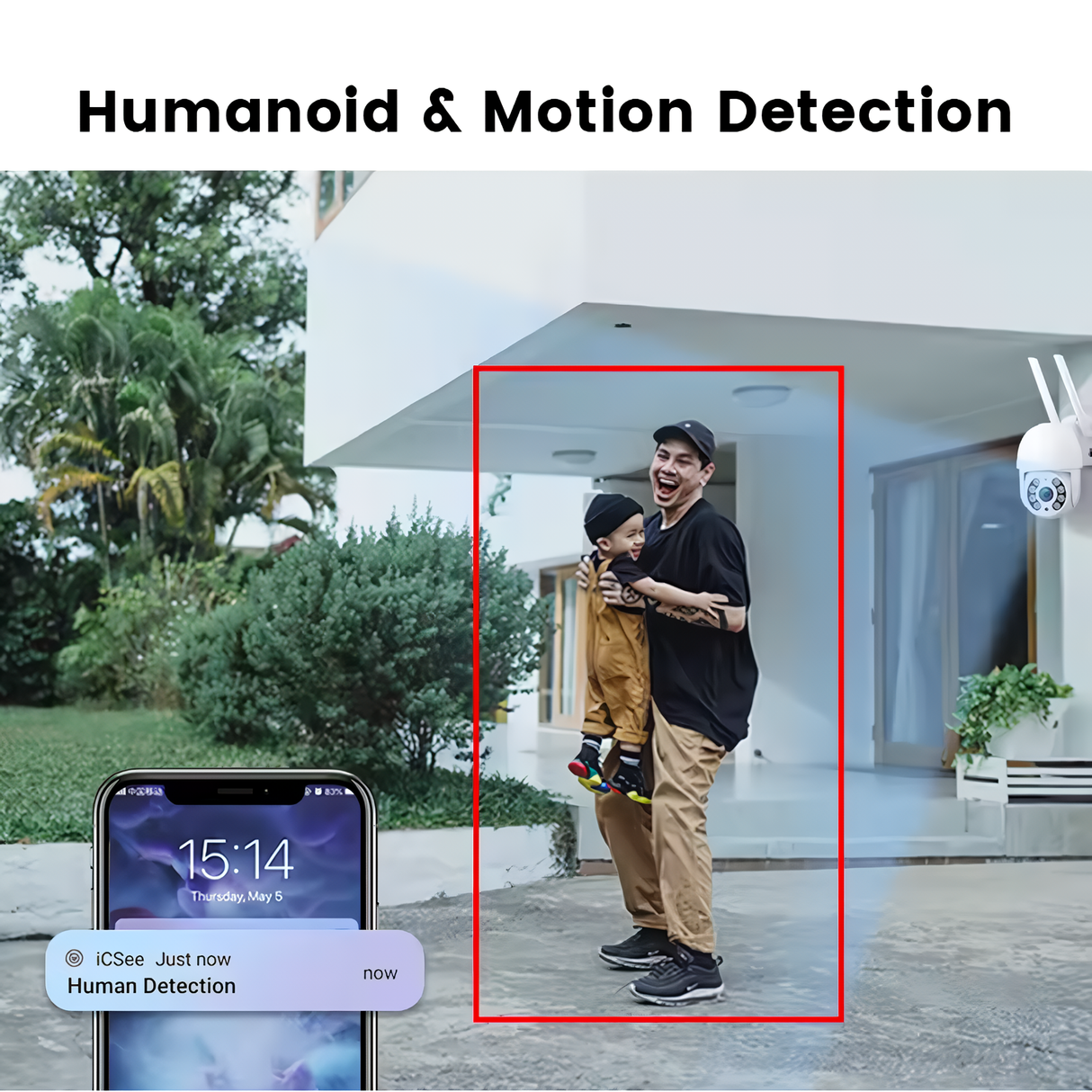 graphic showing the humanoid and motion detection feature of SpyWfi Wall Security Camera 1080p with real time alerts on smartphone app