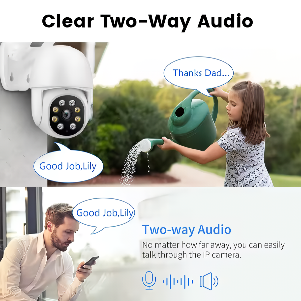 graphic showing clear two-way audio feature of SpyWfi Wall Security Camera 4K