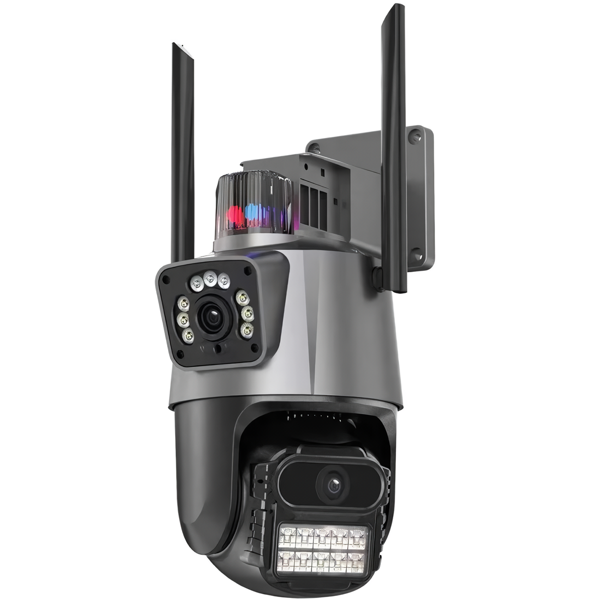 A black SpyWfi Dual Lens 4K Security Camera with two antennas