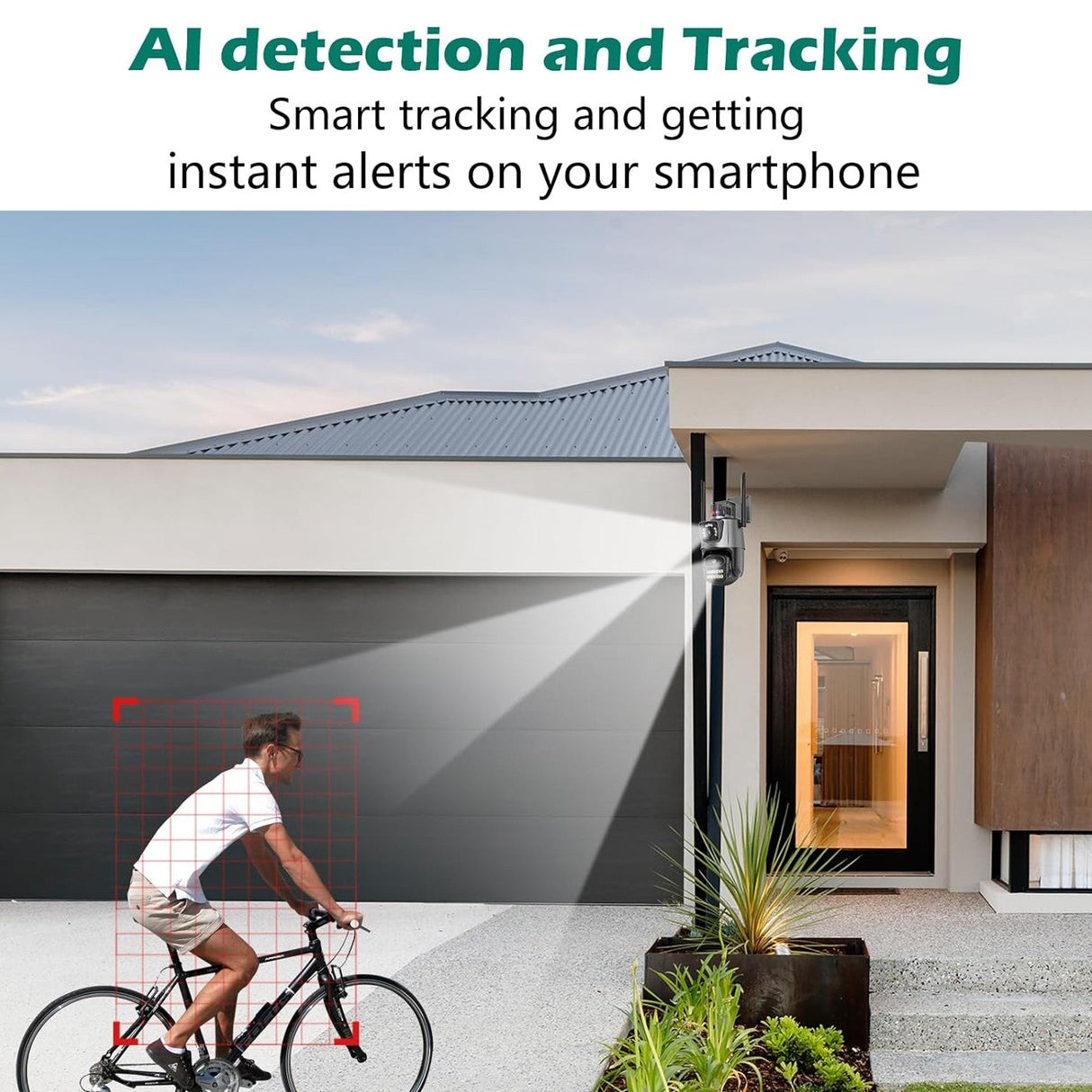 Graphic showing AI detection and tracking feature of SpyWfi Dual Lens 4K Security Camera