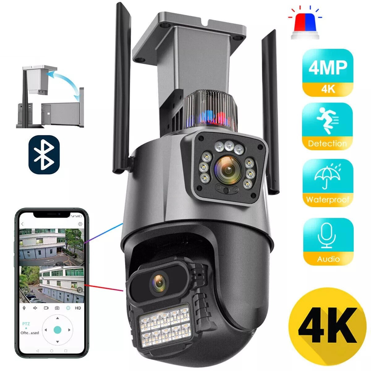 Graphic showing multiple features of SpyWfi Dual Lens 4K Security Camera next to a smartphone with the app feature displayed