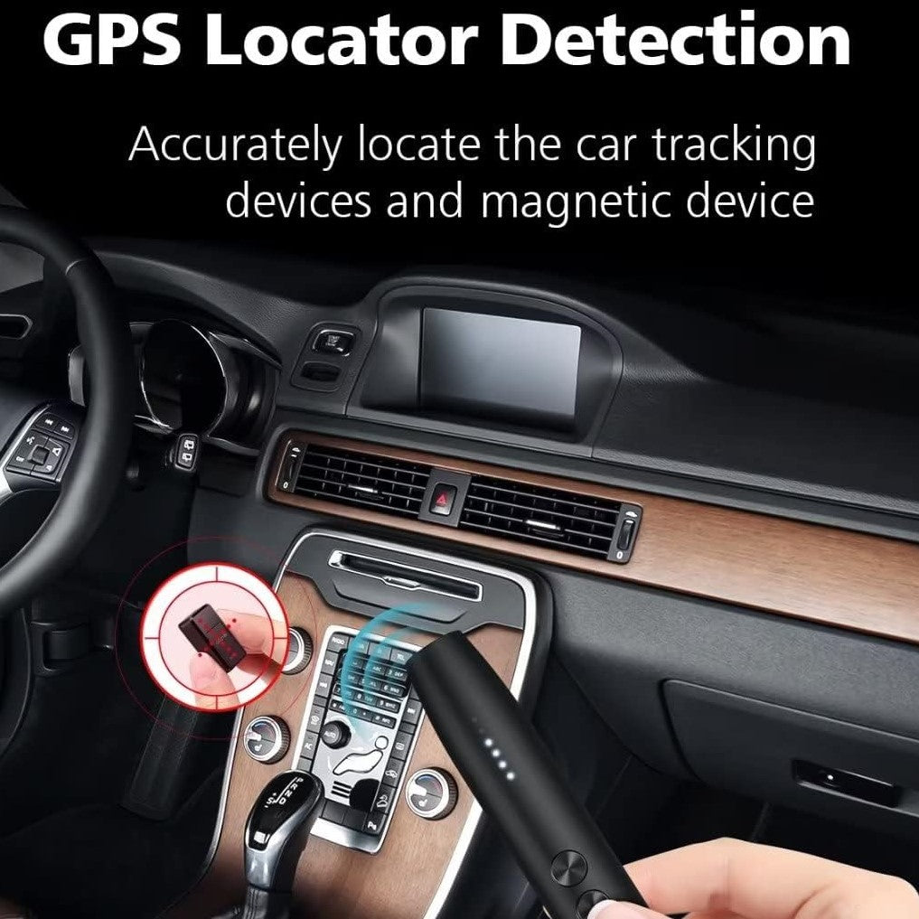 GPS Locator Detection feature graphic of SpyWfi Mini Pen showing how it can accurately locate a tracking and magnetic device in a car