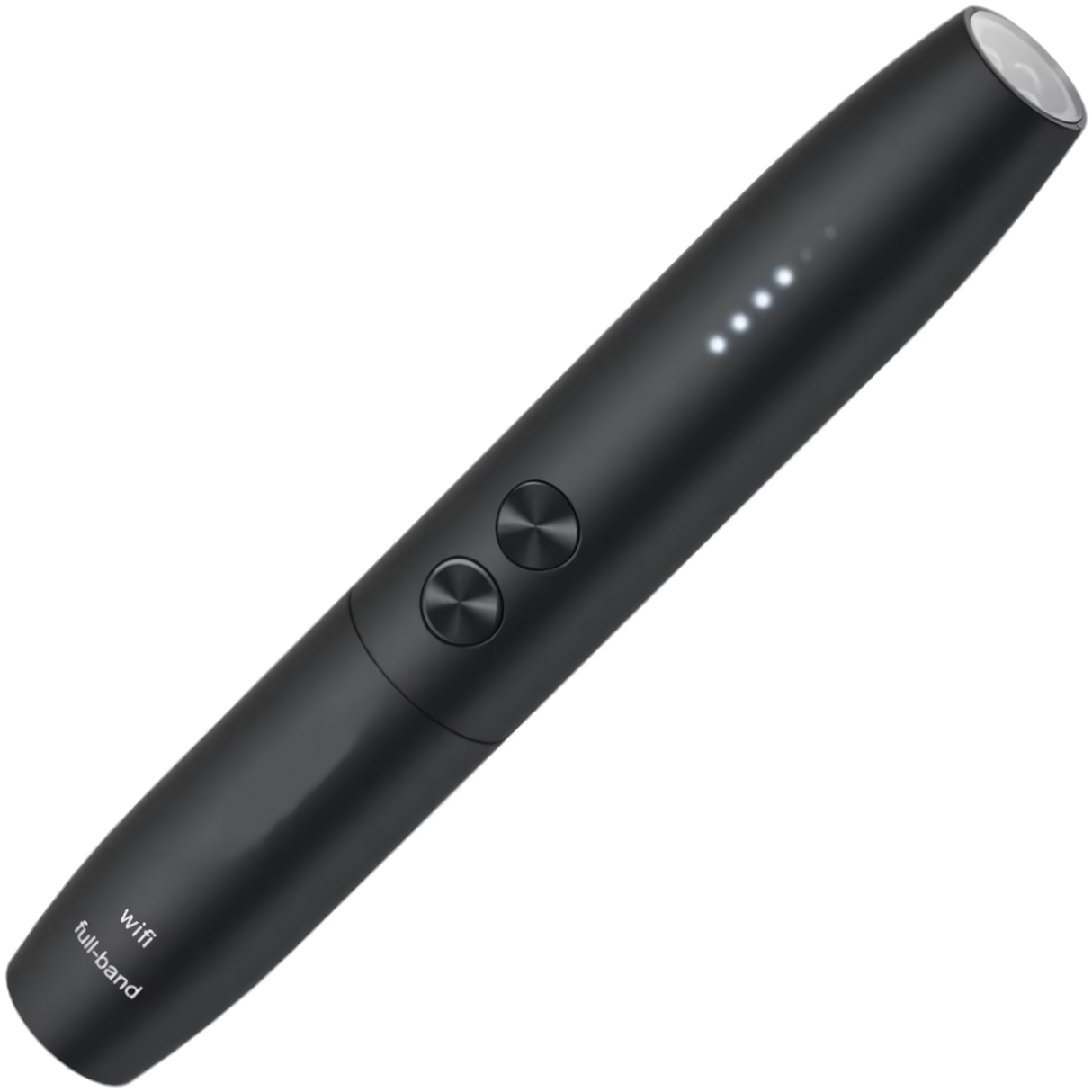 Black SpyWfi Mini Pen, a hidden camera and wireless signal bug detector with buttons and LED indicators.