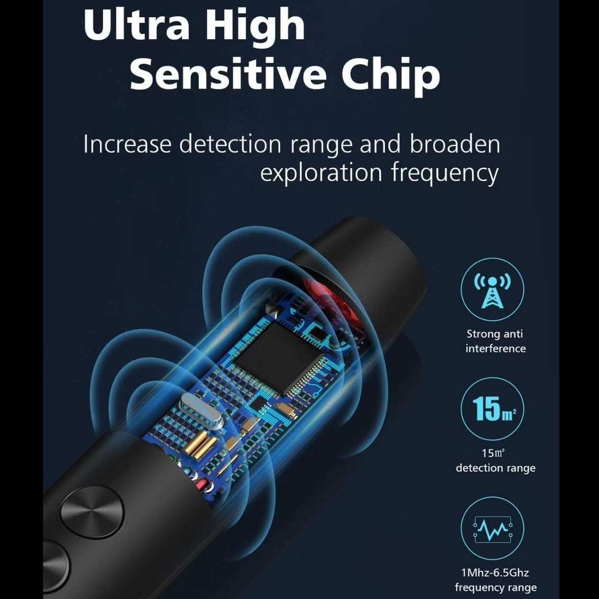 Graphic featuring the ultra high sensitive chip of SpyWfi Mini Pen with strong anti interference and detection and frequency range