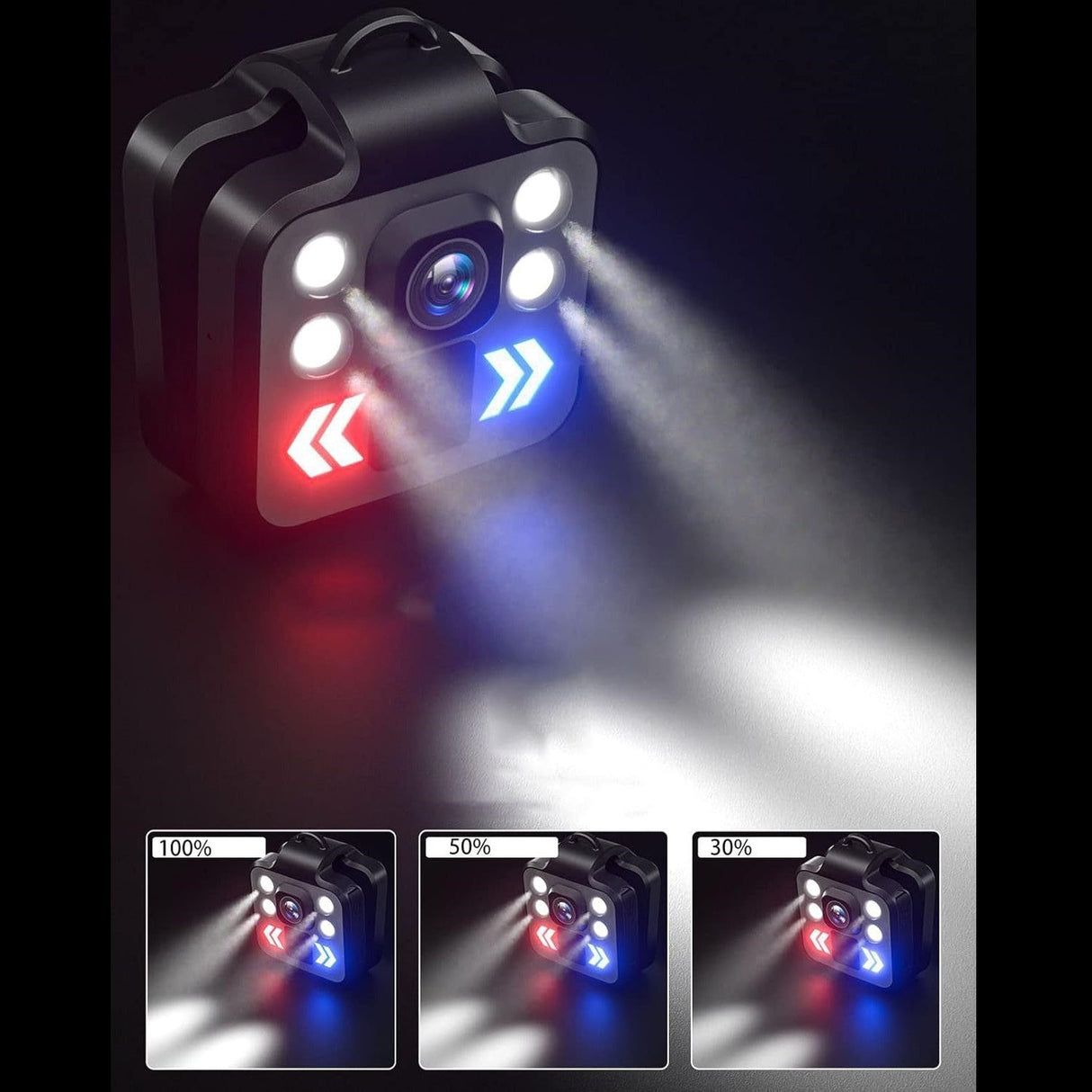 Flashlight modes of SpyWfi Mini Rechargeable LED Waterproof Body Camera 1080p HD DVR - 100%, 50% and 30%