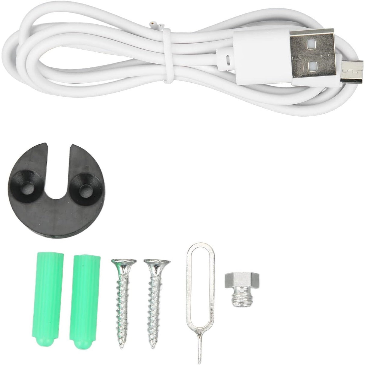 Accessory kit of SpyWfi Nanny Security Camera 1080p HD WiFi including a white USB cable, wall mount bracket, screws, anchors, and a small metal pin
