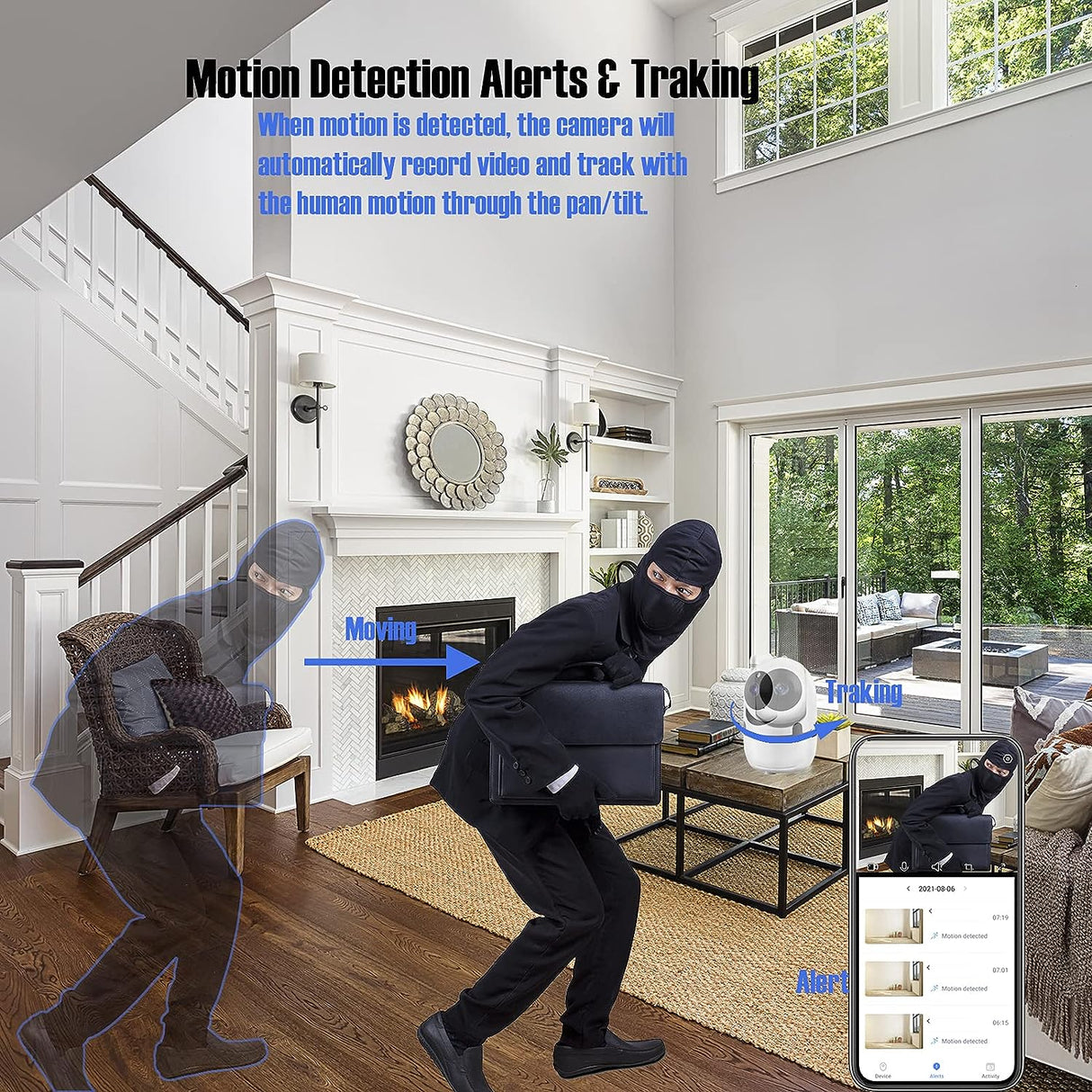 Graphic showing SpyWfi Nanny Security Camera 1080p HD WiFi detecting and tracking a burglar in a living room