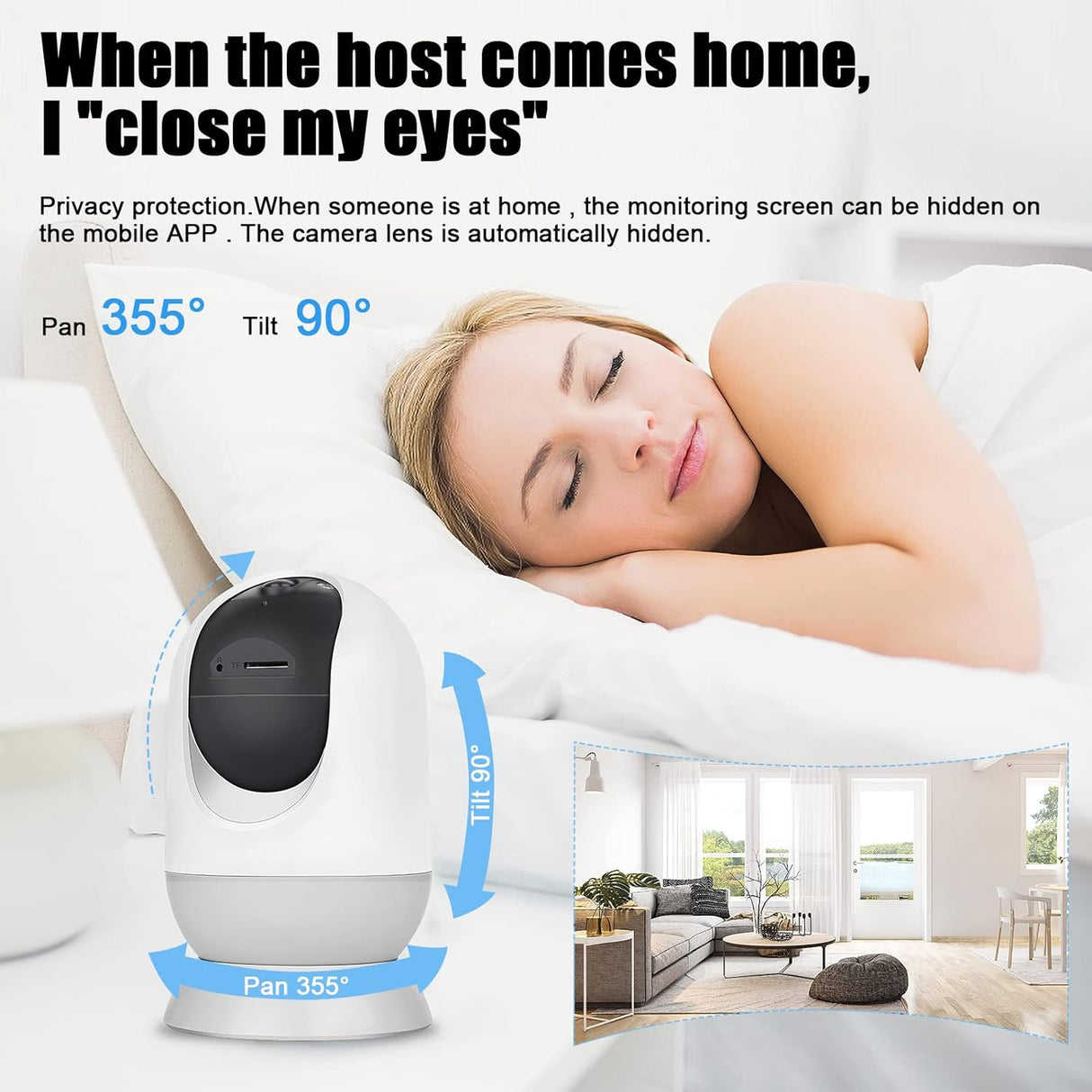 Graphic showing the privacy feature of SpyWfi Nanny Security Wifi Camera 2K where camera lens is automatically hidden when host is at home