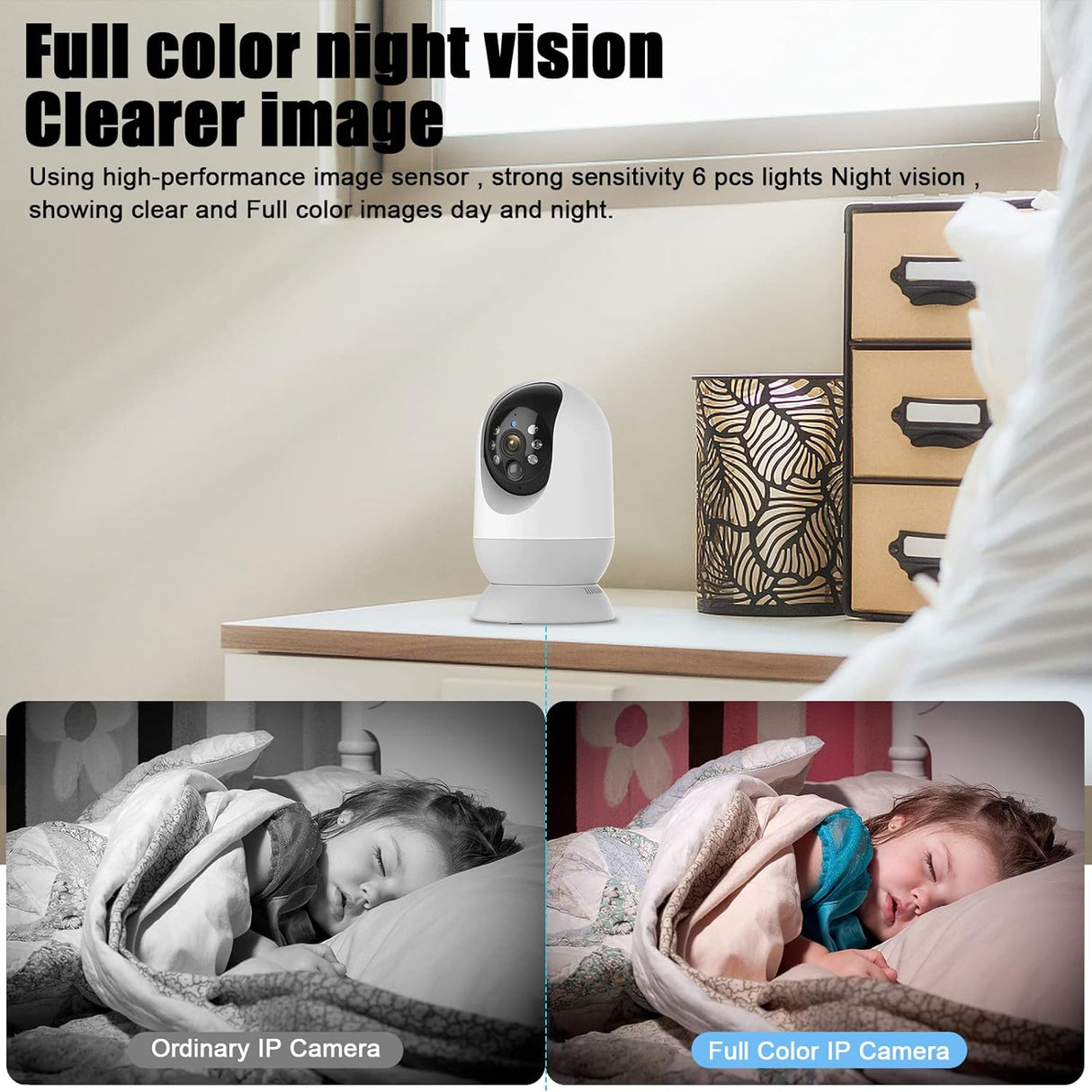 Graphic showing full color vision of SpyWfi Nanny Security Wifi Camera 2K