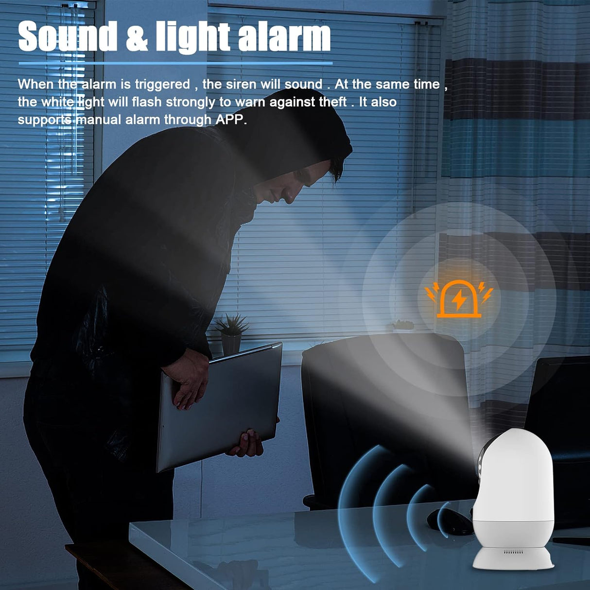 Graphic showing the sound and light alarm feature of SpyWfi Nanny Security Wifi Camera 2K