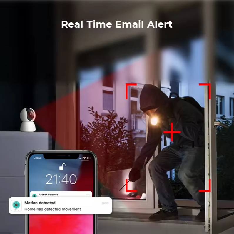 Graphic showing the real time alert feature of SpyWfi PTZ Auto Tracking Night Vision Nanny Security Camera 1080p HD WiFi on your smartphone app when motion is detected