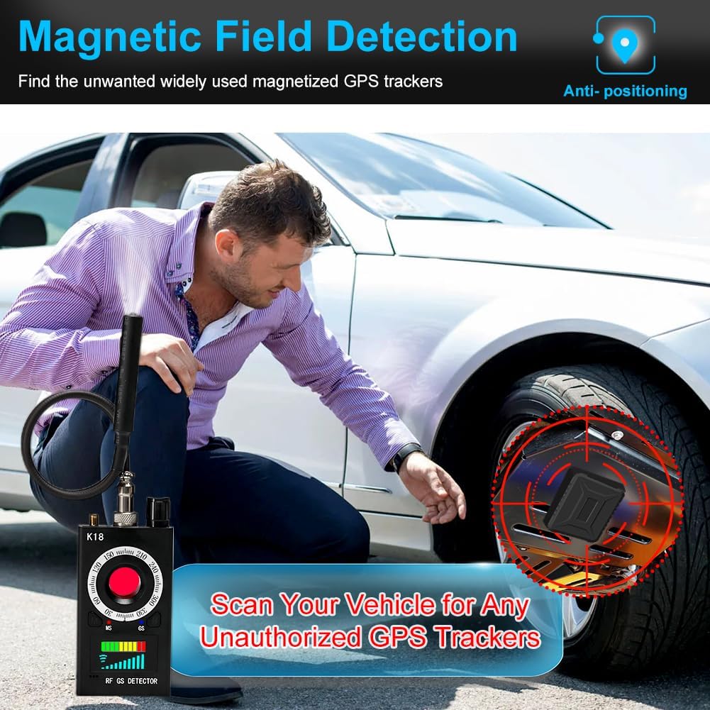 Magnetic field detection feature of SpyWfi Rechargeable Hidden Camera & Wireless Signal Bug Detector for GPS trackers that could be attached to your vehicle