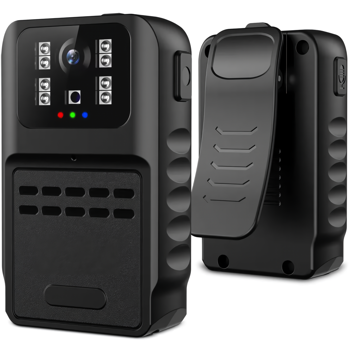 A front and back view of black SpyWfi Rechargeable Police Body Camera with night vision
