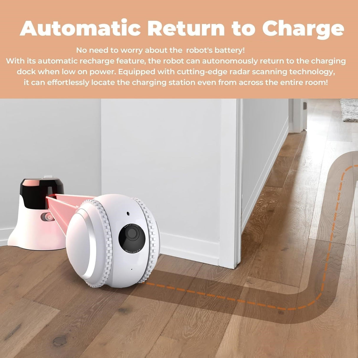 Automatic recharge feature of SpyWfi Rolling Petpal Robot Night Vision Security Camera 4K UHD WiFi where it will automatically return to its charging dock when low on power