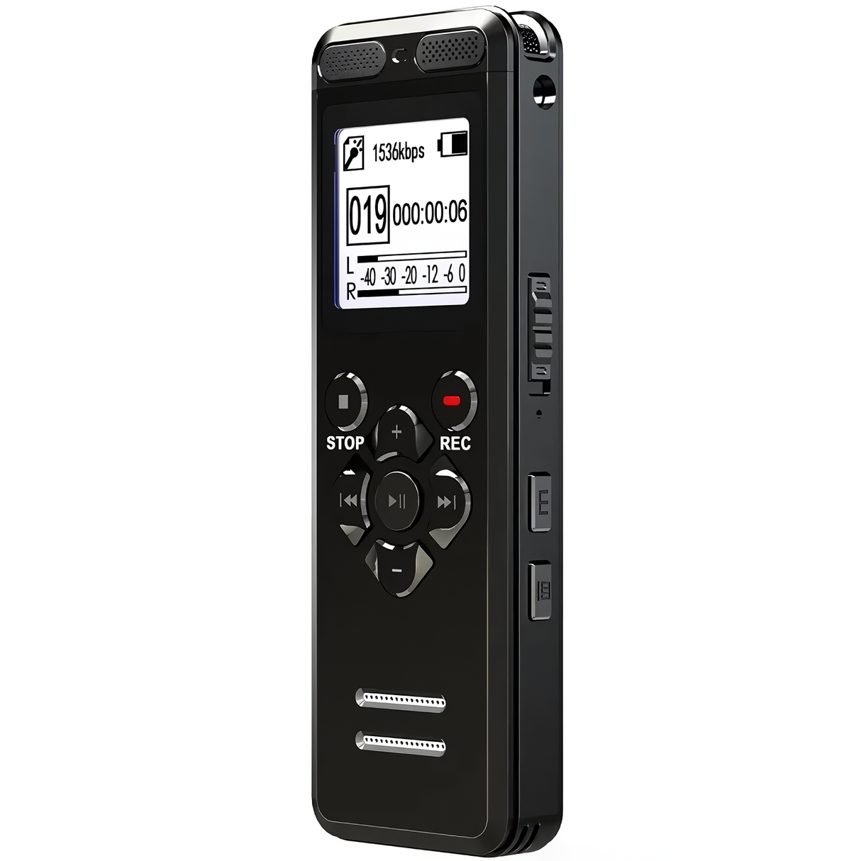 A black SpyWfi voice activated rechargeable audio recorder with a digital display and buttons for recording