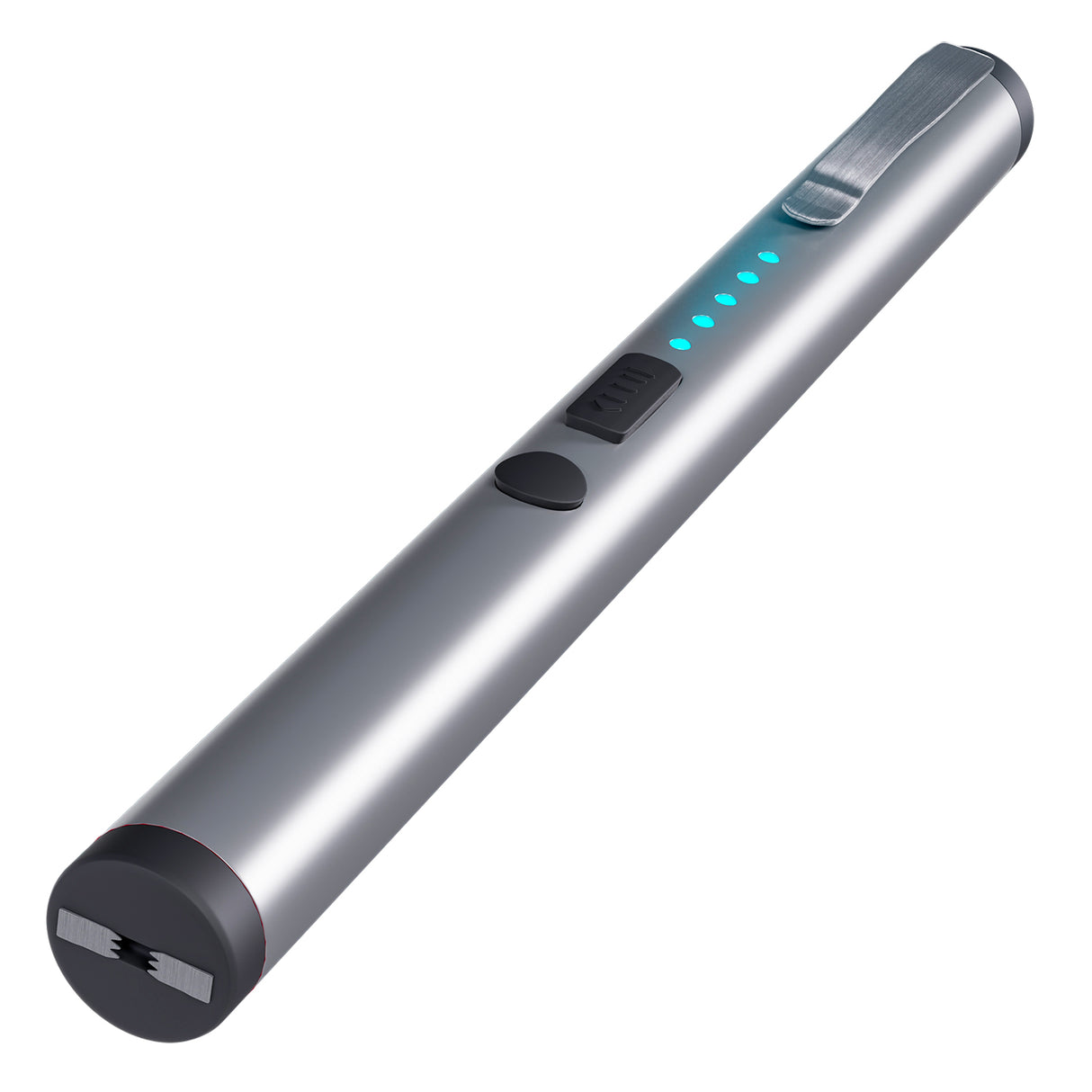 Front angle view of a 6" streetwise silver pain pen, showcasing battery light indicators, metal belt clip, stun prongs and activation button