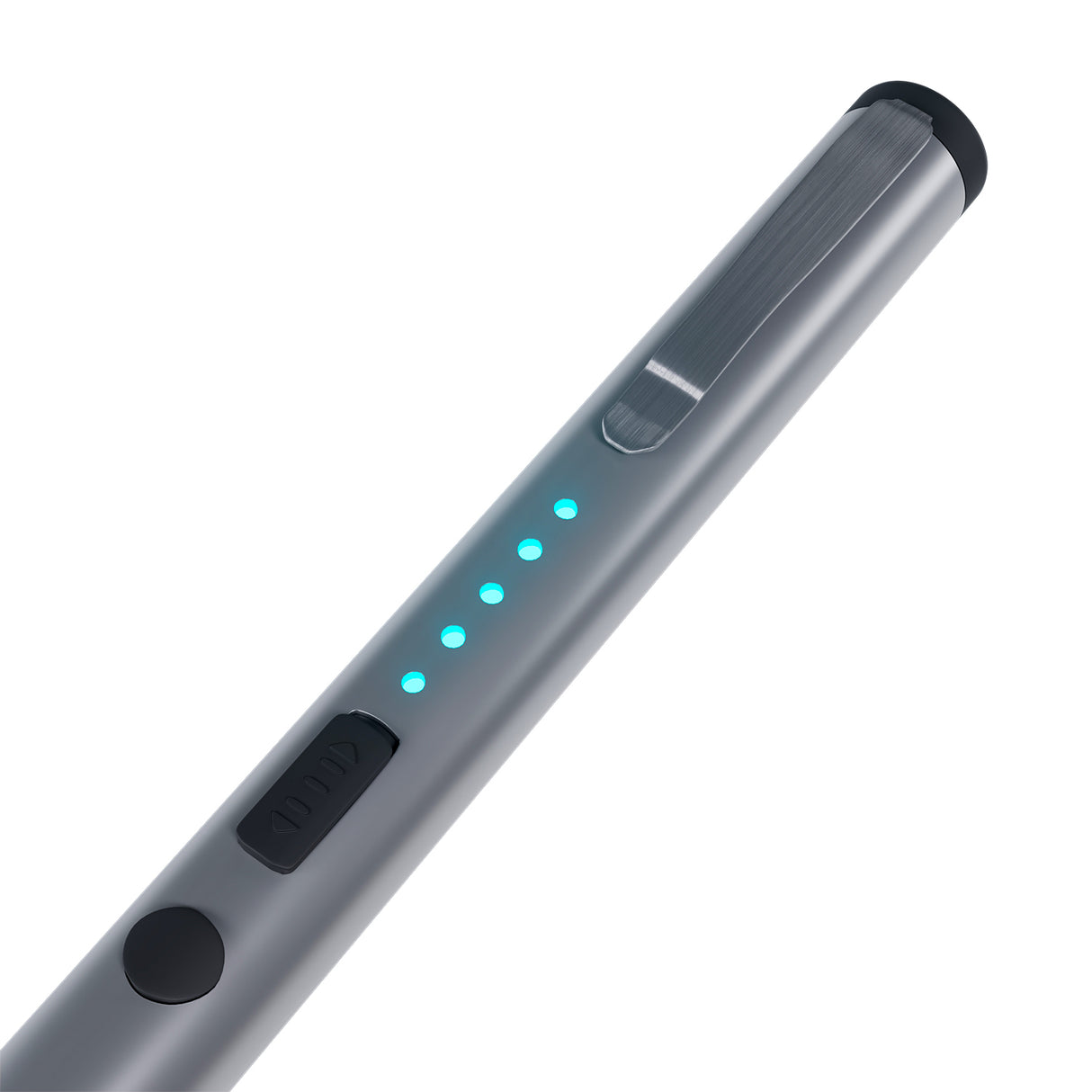 Closeup view of silver streetwise pain pen showing metal built-in belt clip, led battery indicator lights, and stun activation button