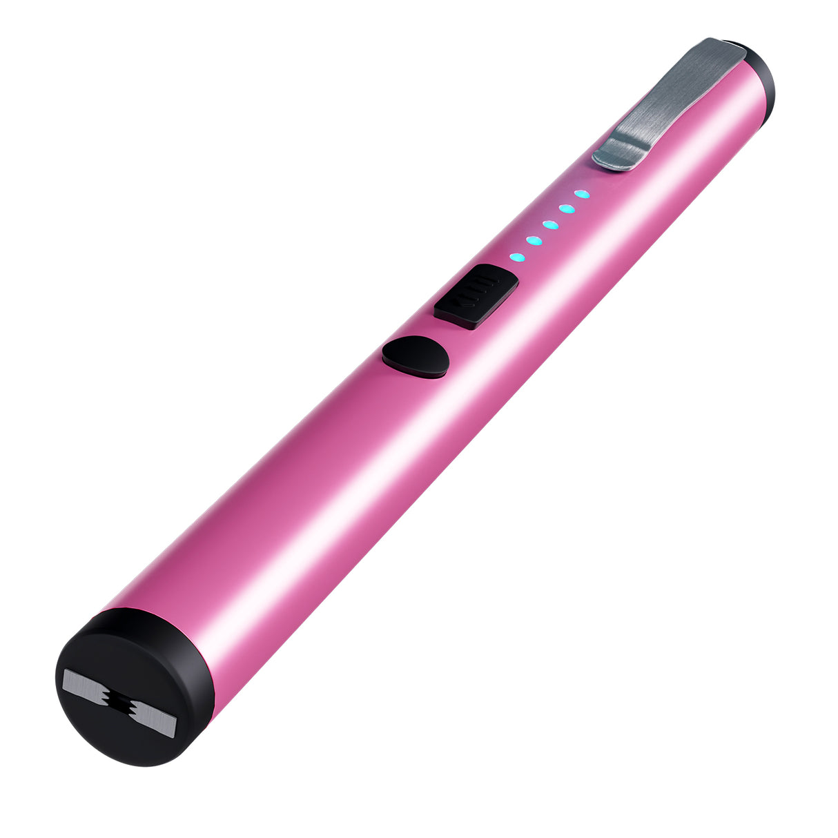 Angled front view of a Pink "6 Streetwise Pain Pen rechargeable stun gun, showing the blue battery indicator lights