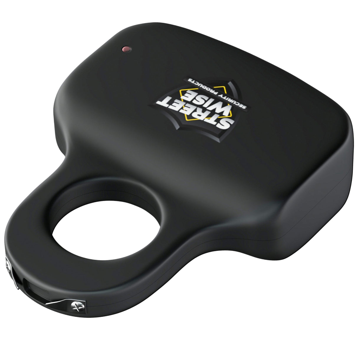 Front angle view of black streetwise sting ring knuckle stun gun, showcasing stun prongs