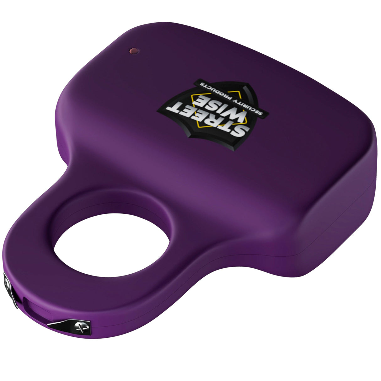 front angle view of dark purple streetwise sting ring stun gun with safety switch showcasing stun prongs