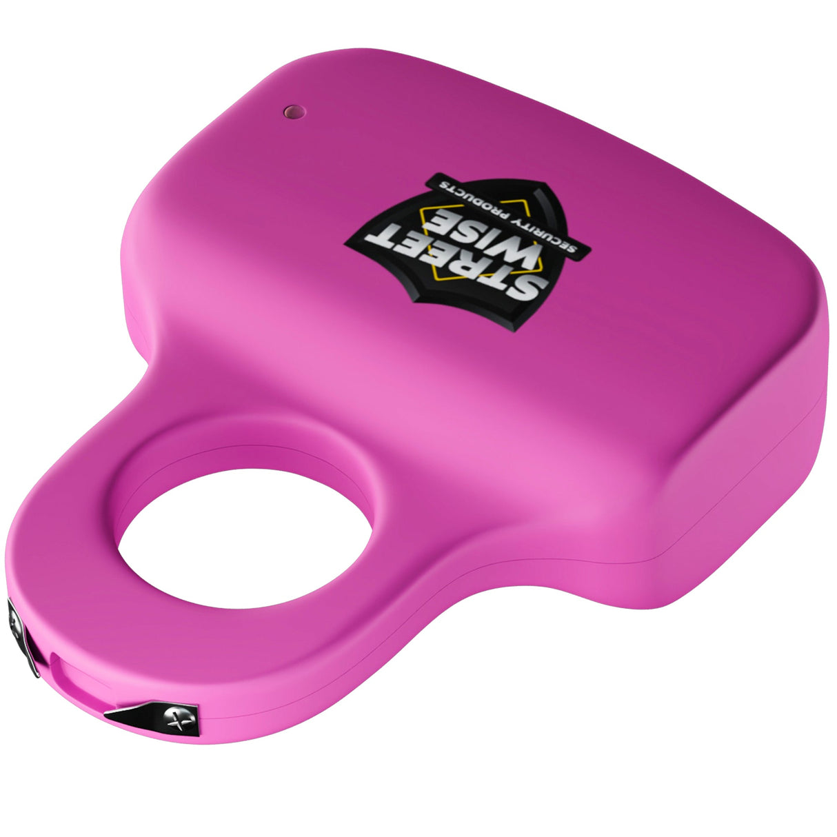 front angle view of streetwise pink stun gun showcasing stun prongs