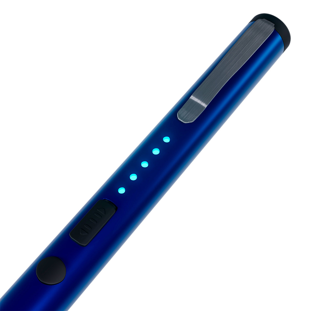 close up front view of a blue streetwise pain pen 25m stun gun with blue led battery light indicators and a metal belt clip