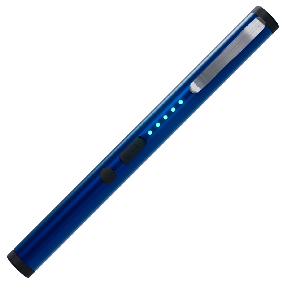 front view of a blue streetwise pain pen 25m stun gun with slide switch safety features, activation button, blue led battery light indicators and built-in metal belt clip