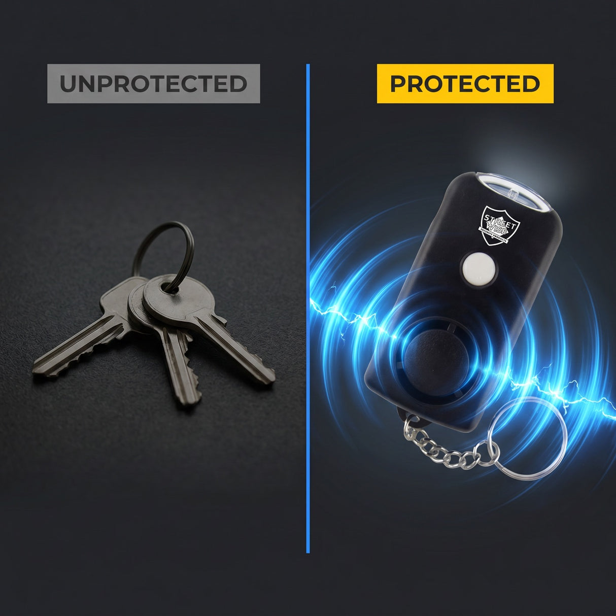 Keychain with a security device labeled 'Unprotected' vs 'Protected' on a dark background.