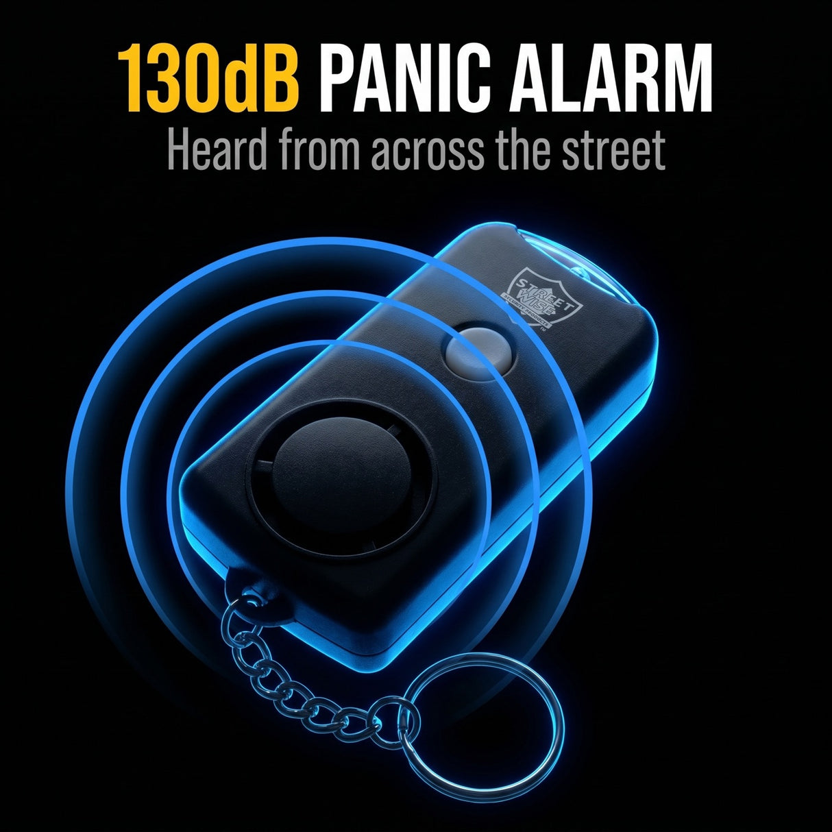130dB panic alarm with blue glow on a black background