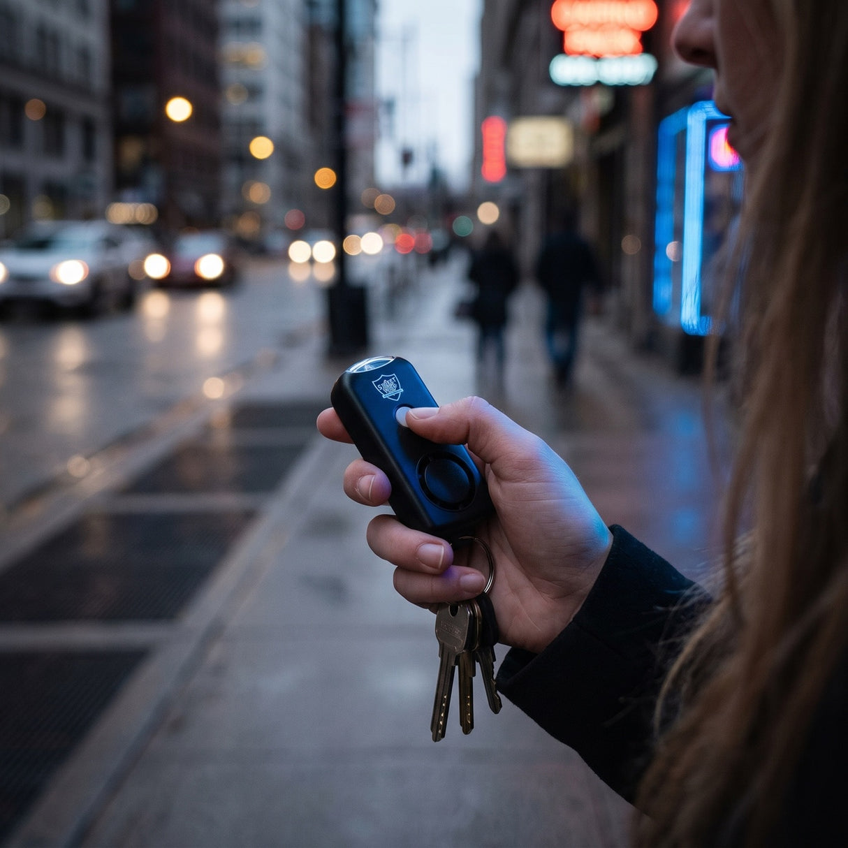 Person holding car keys with a keychain alarm on a city street.
