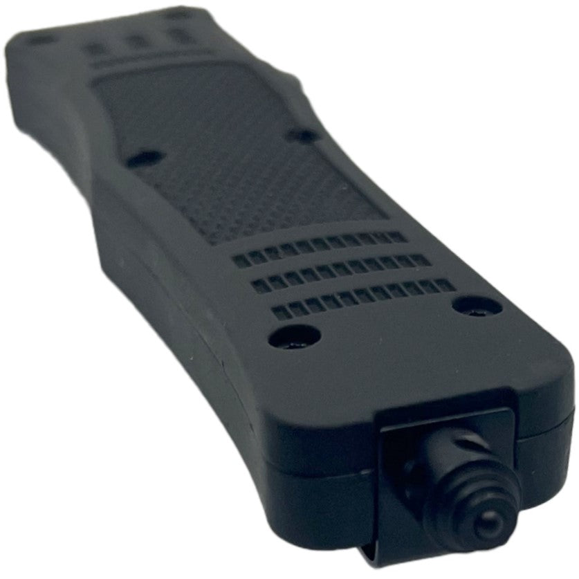 A close up bottom view of Black Streetwise 3.25" Automatic OTF Steel Knife highlighting its glass breaker