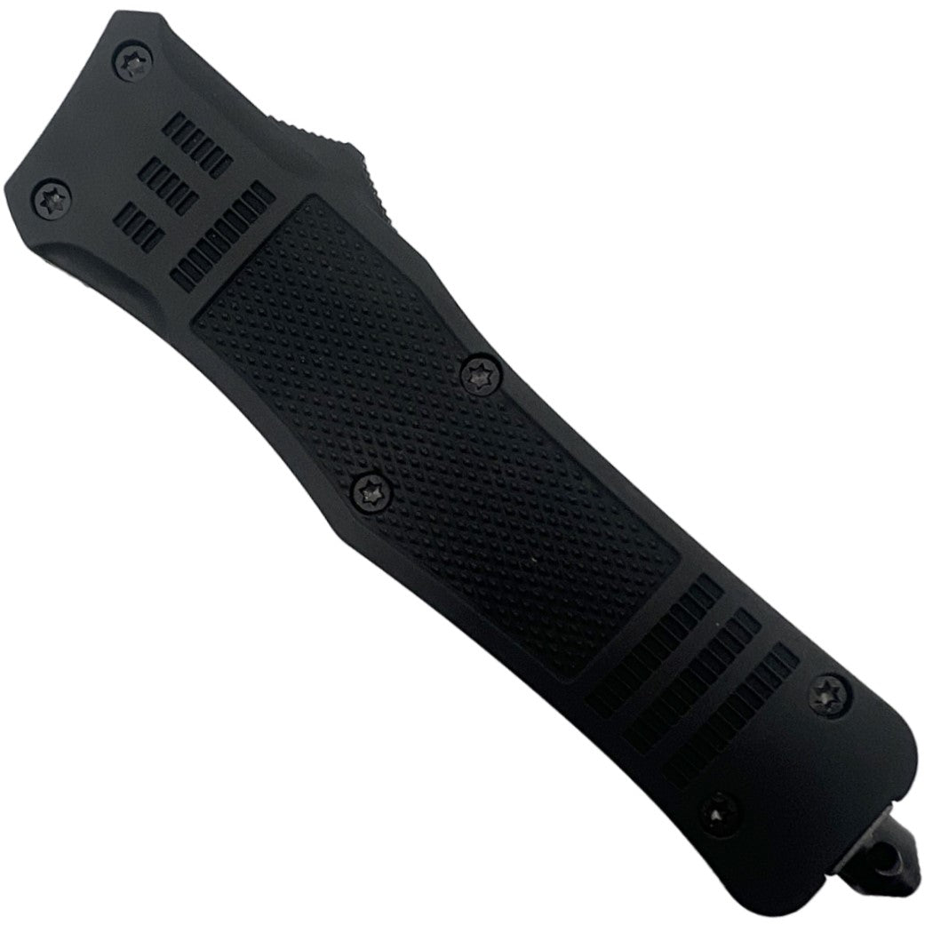 A folded black 3.75" Automatic OTF Steel Knife with Glass Breaker from Streetwise