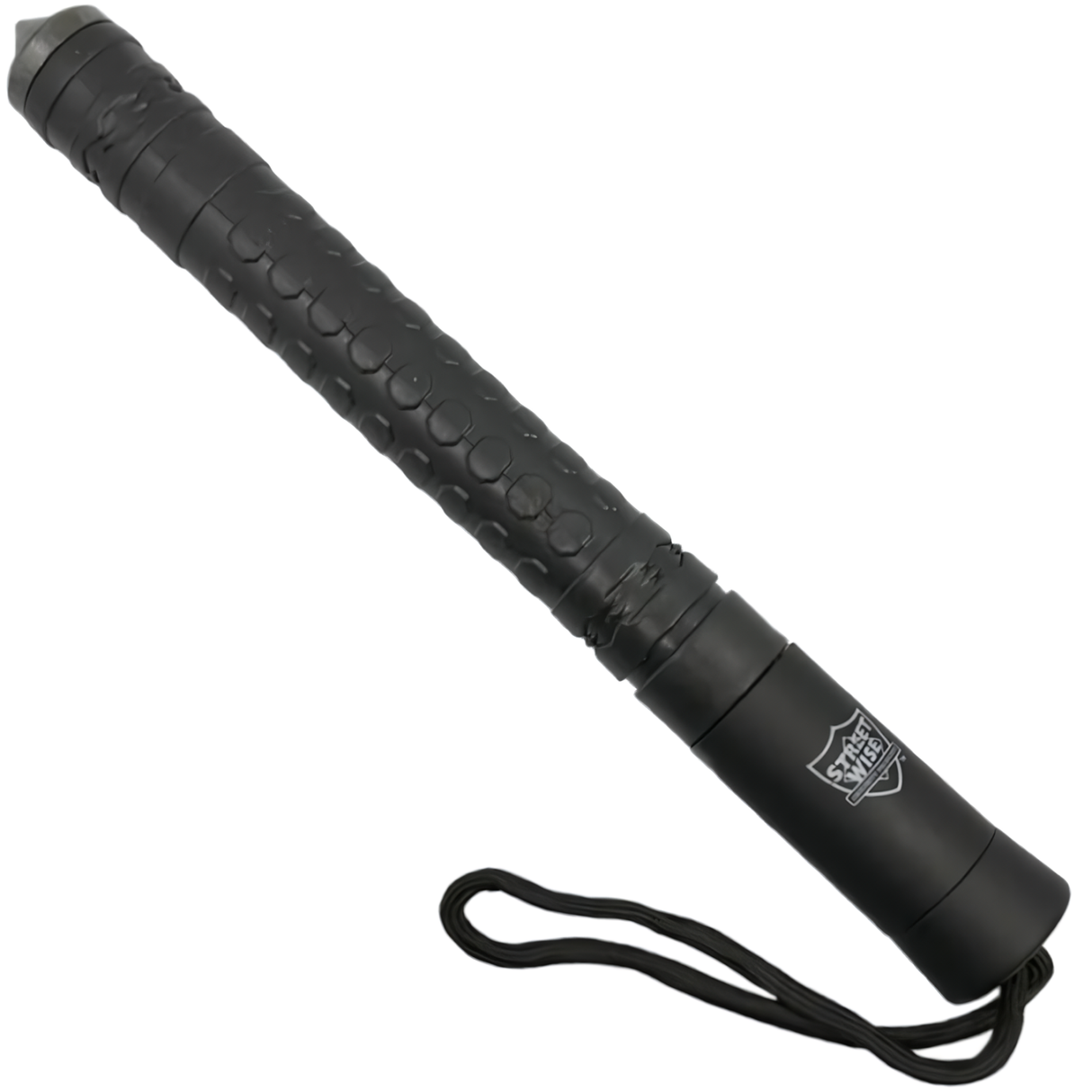 A black expandable steel baton with automatic push button from the Streetwise in retracted form