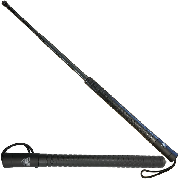A black expandable 28" steel baton with automatic push button from the Streetwise, extended and retracted