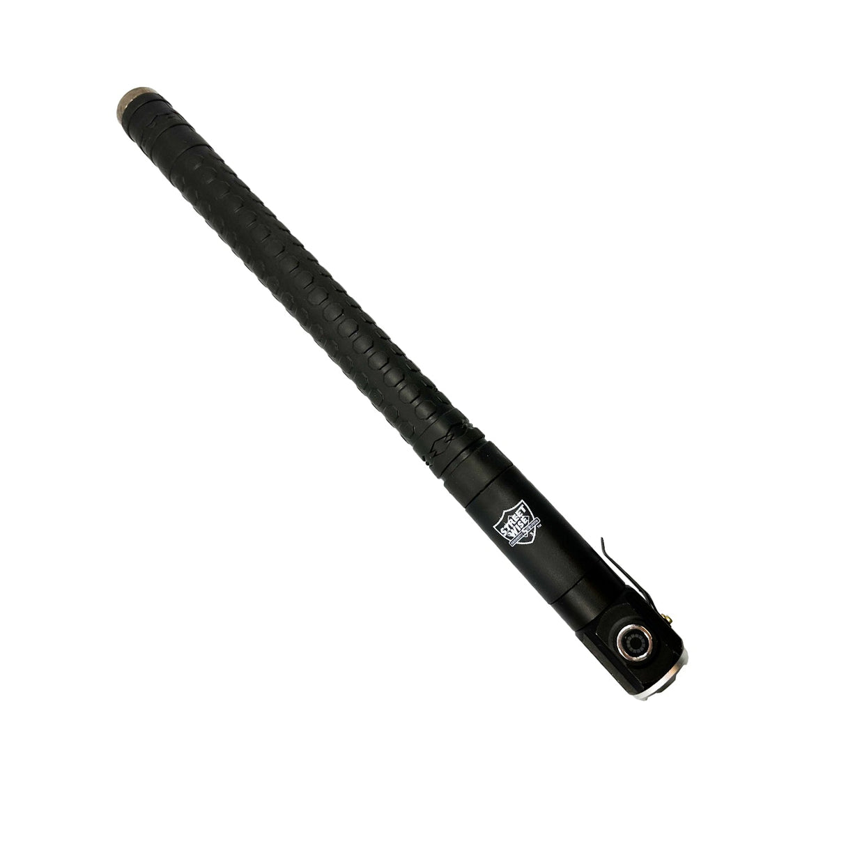 A retracted black steel baton with automatic push button and flashlight from Streetwise