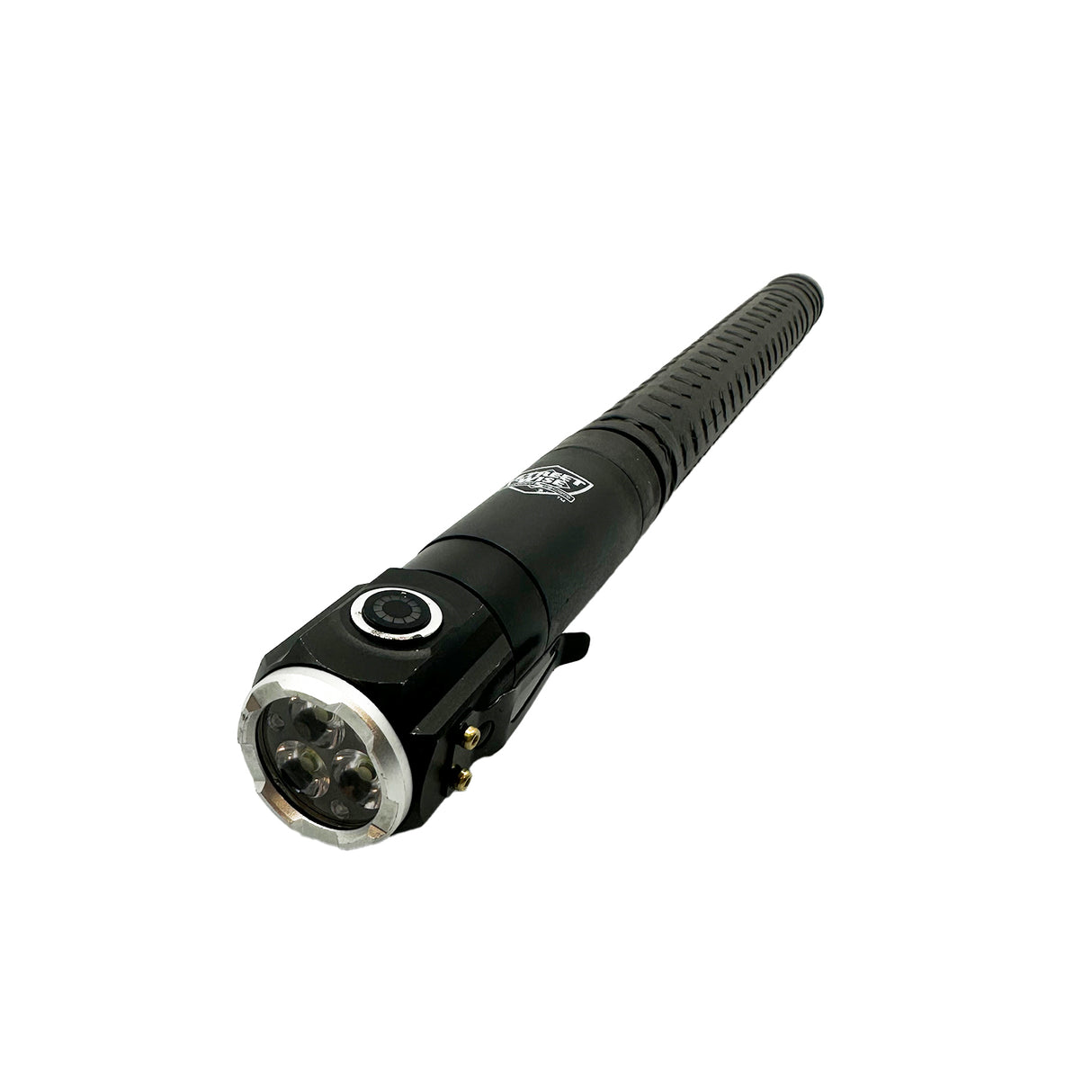 A close up view of a retracted Expandable Steel Baton from Streetwise highlighting the flashlight