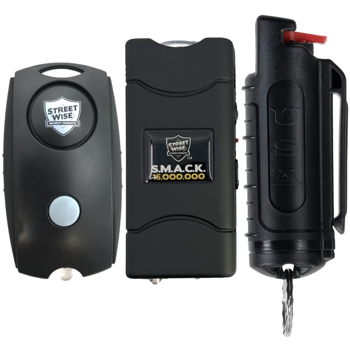 Bundle Pack of Streetwise - Black 120dB Keychain Panic Alarm, S.M.A.C.K. Keychain Stun Gun 16M, 18 Hard Shell Keychain Pepper Spray