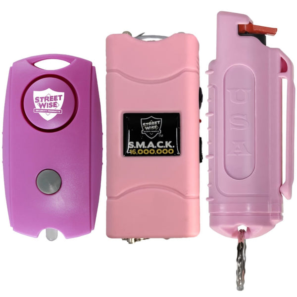 Bundle Pack of Streetwise - Pink 120dB Keychain Panic Alarm, S.M.A.C.K. Keychain Stun Gun 16M, 18 Hard Shell Keychain Pepper Spray