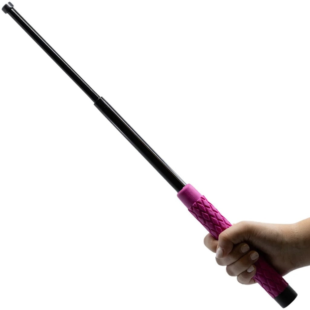 A hand holding an extended Streetwise 21" Expandable Solid Steel Baton with Pink Handle